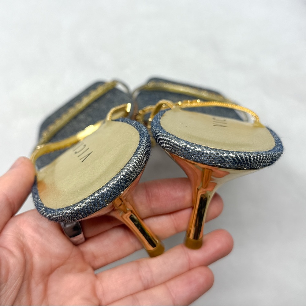 NEW Vicini by Giuseppe Zanotti Glitter Denim Low Kitten Heel Mule Sandal Gold 40 - Picture 10 of 16